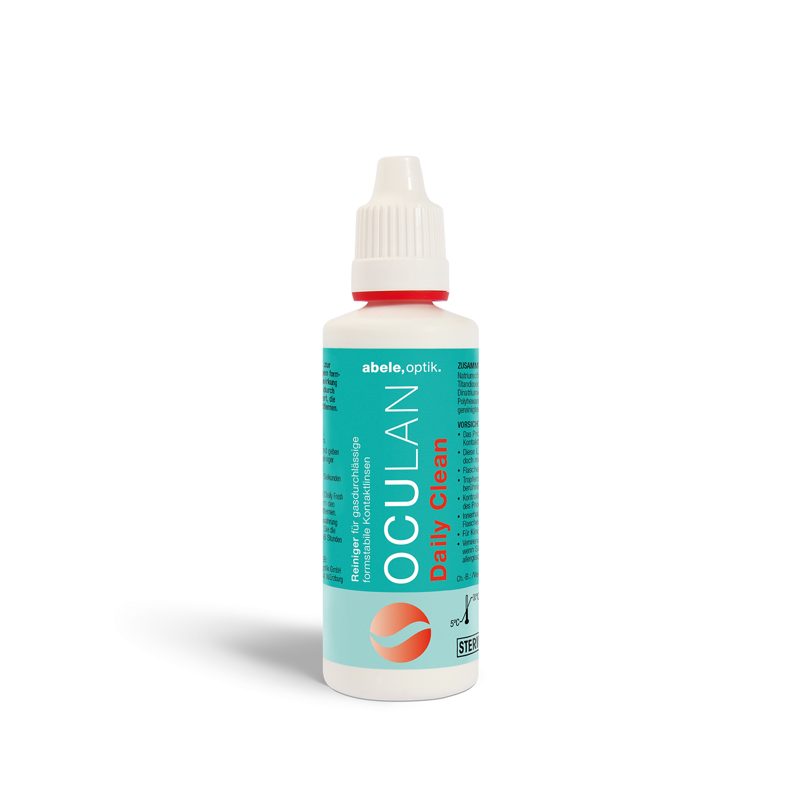 Das Bild zeigt eine Flasche unseres Oculan Daily Clean Pflegemittels.